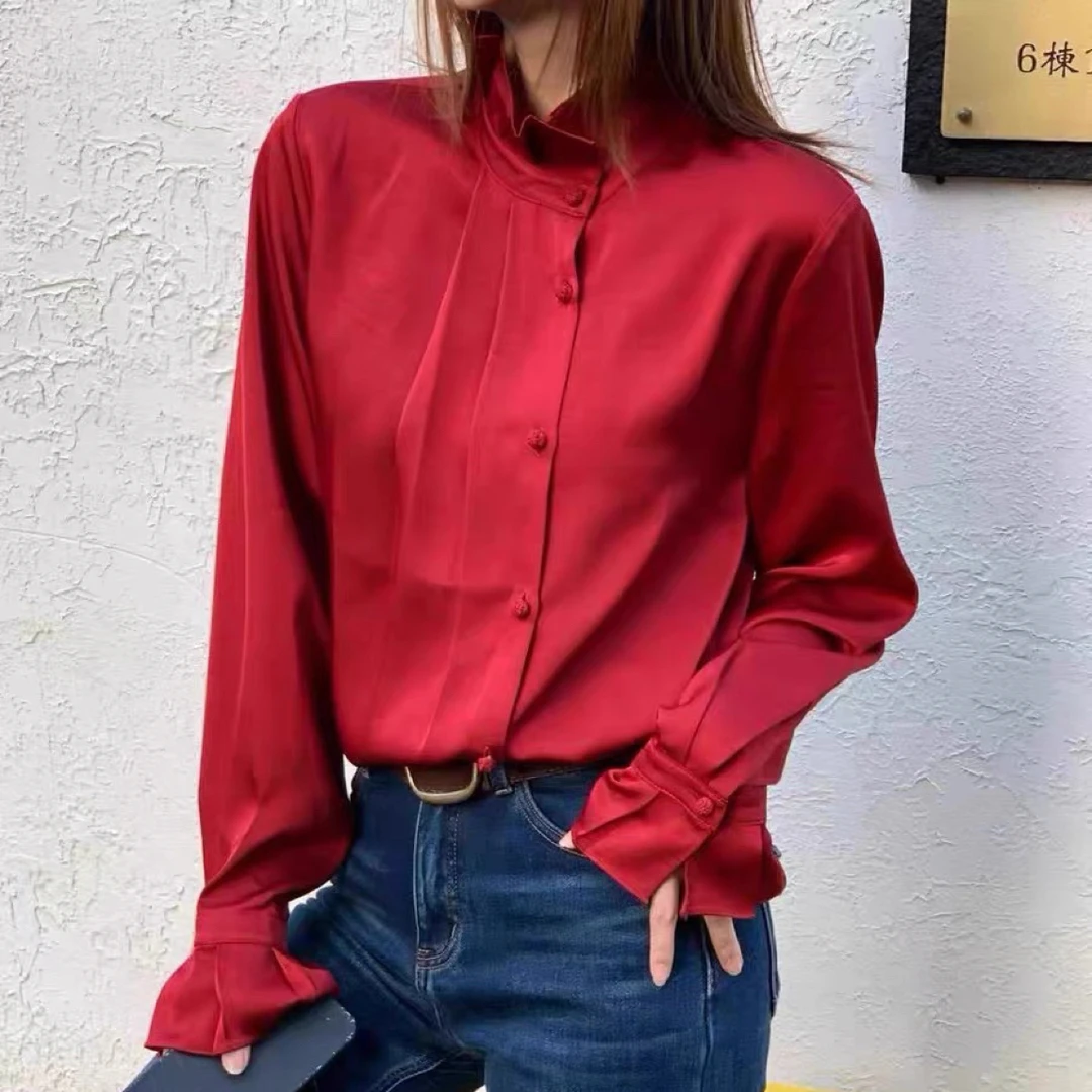 美娅MY 红色醋酸花苞领衬衣
