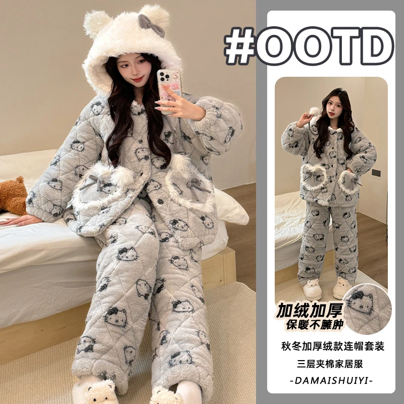 2025冬季新款可爱kt猫睡衣女三层夹棉保暖加绒加厚连帽家居服套装