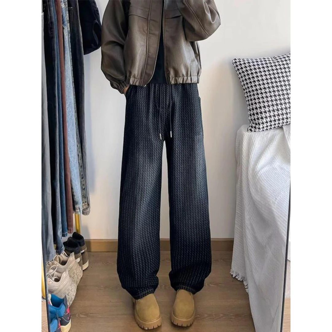 黑色星空纹提花牛仔裤男款秋冬美式高街vibe裤子潮牌直筒微喇长裤