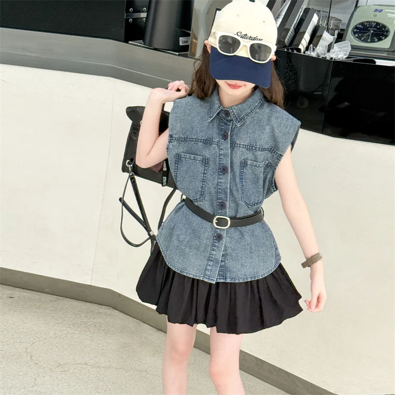 女童薄款套装2025新款夏季儿童韩版网红炸街牛仔马甲半身裙两件套