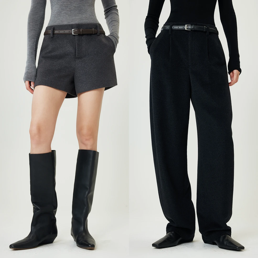开间/过冬B备 V字后腰暖柔绒感美利奴羊毛极简连腰短裤弯刀长西裤