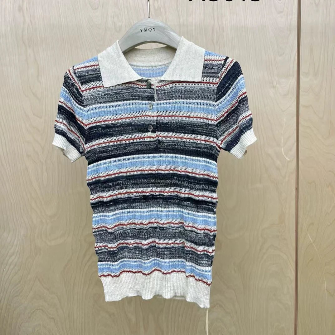 【BAI】撞色条纹Polo领短袖针织衫女显瘦百搭8018