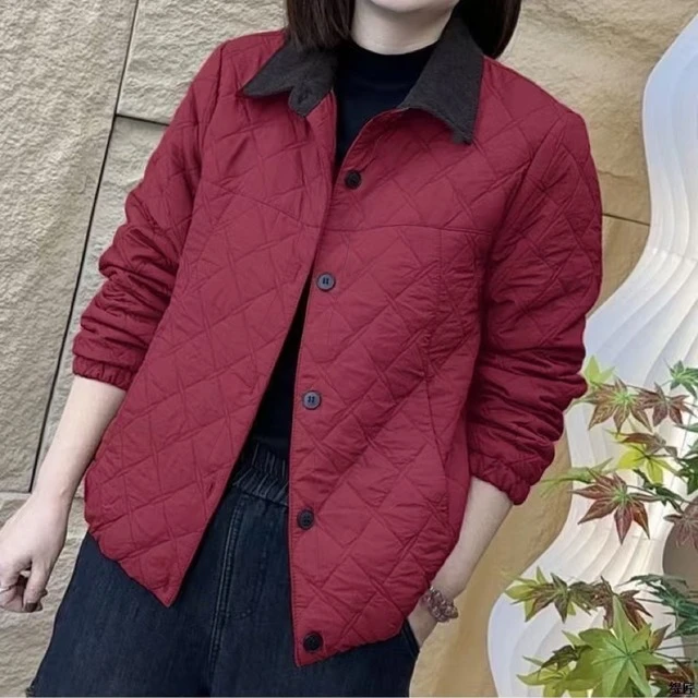 时尚轻薄棉服女2025冬季新款洋气显瘦休闲菱形格翻领棉衣保暖外套