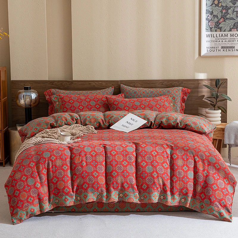 【平安扣】纯棉A类母婴级色织双层纱磨毛四件套高品质复古被套