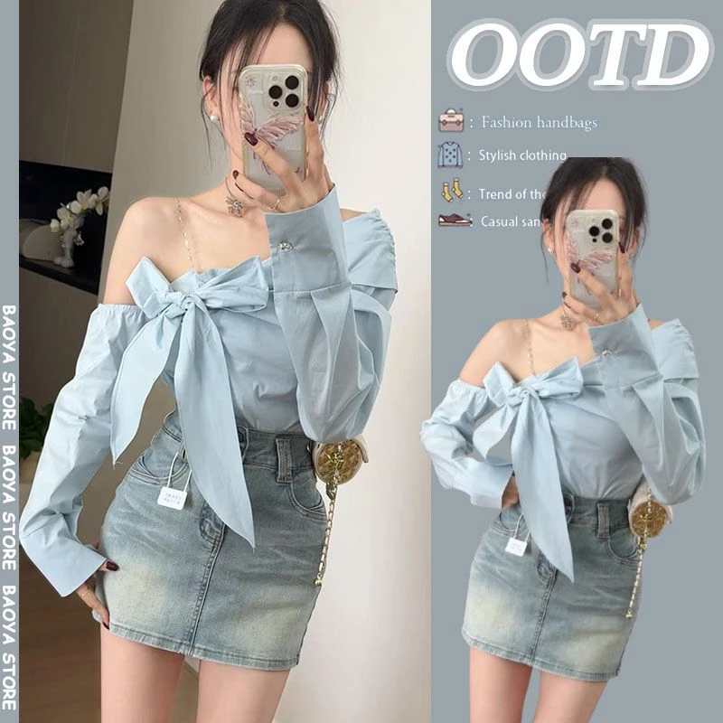 秋季穿搭一整套女2025新款韩版辣妹露肩绑带衬衫牛仔短裙两件套潮