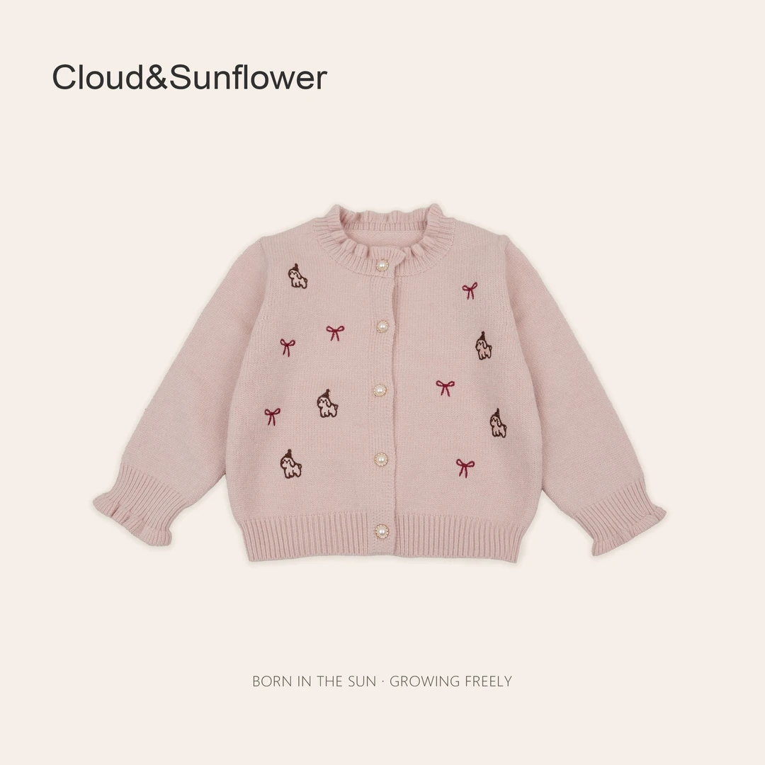 女童捏褶圆领蝴蝶结小狗刺绣百搭针织开衫8128