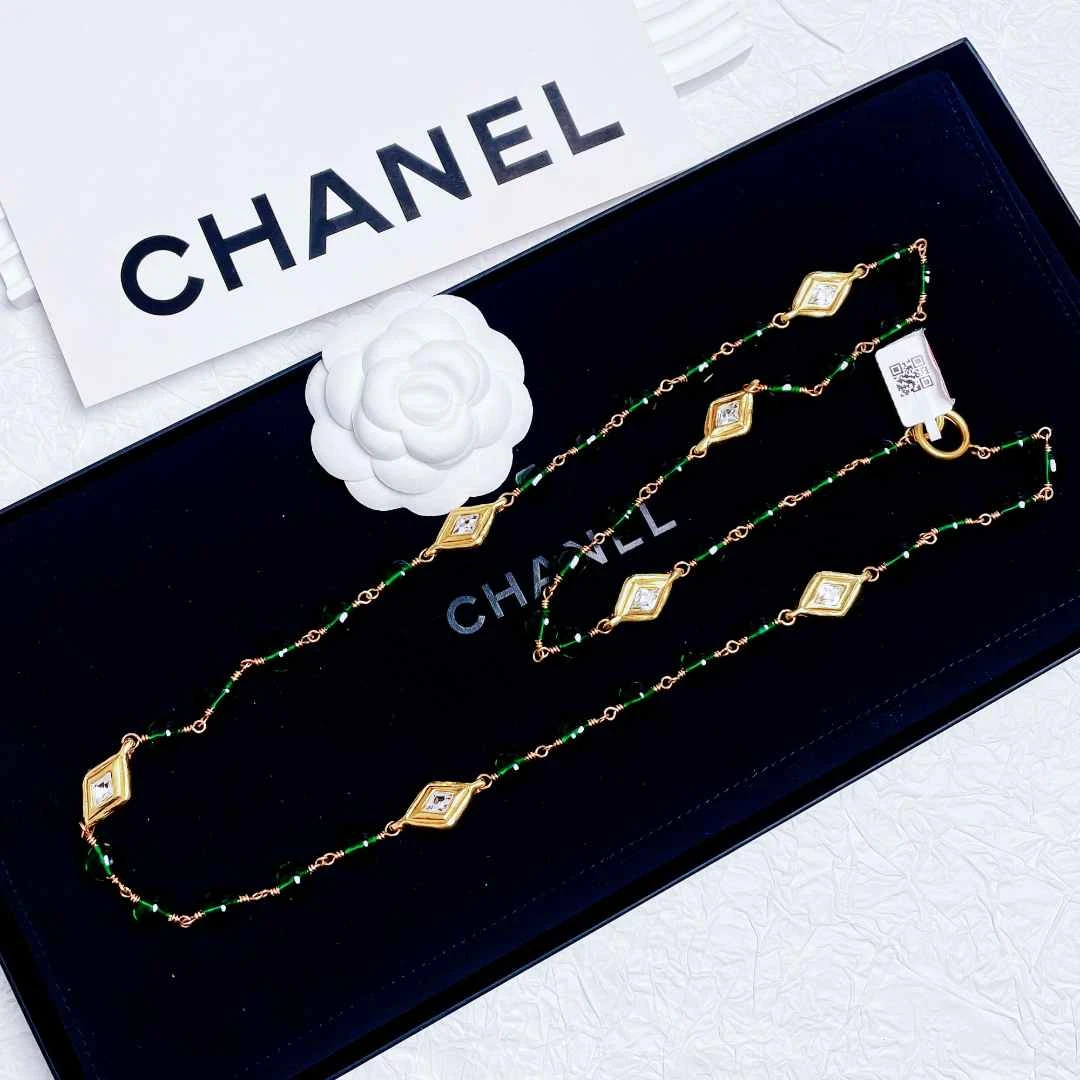 95新 Chanel/香奈儿 柚礼中古/香奈儿绿琉璃莱茵石项链CC2309038