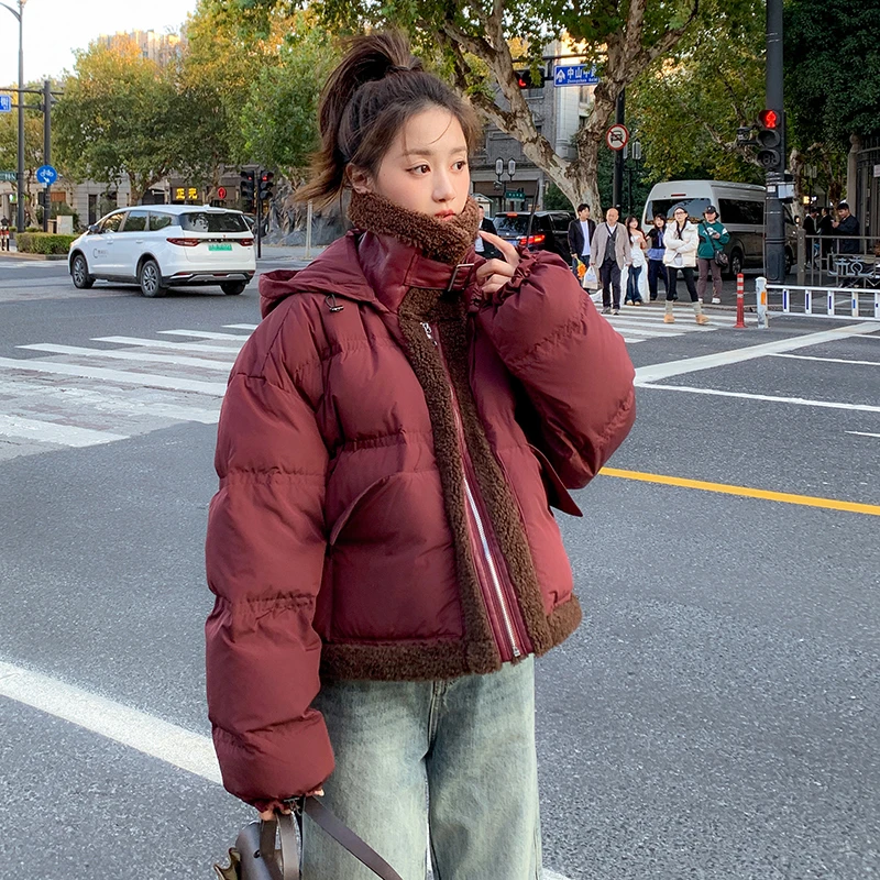 红色连帽短款羽绒服女冬季新款加厚休闲宽松白鸭绒小个子面包服潮