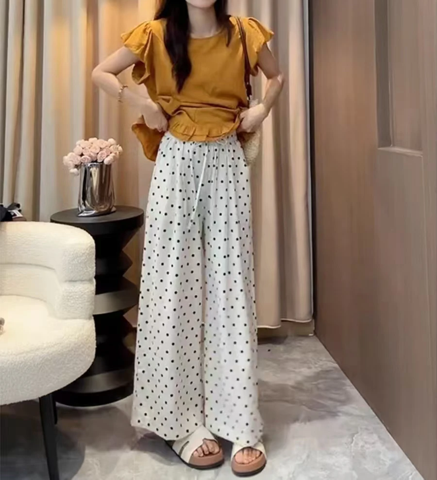 【婷姐家】099欧货波点裤垂感显瘦直筒凉凉裤