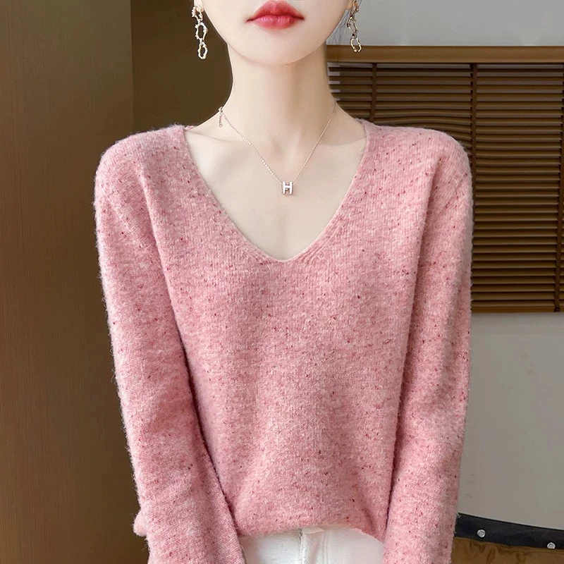 100纯羊毛衫女V领套头宽松显瘦内搭针织打底衫秋冬装针织加厚毛衣
