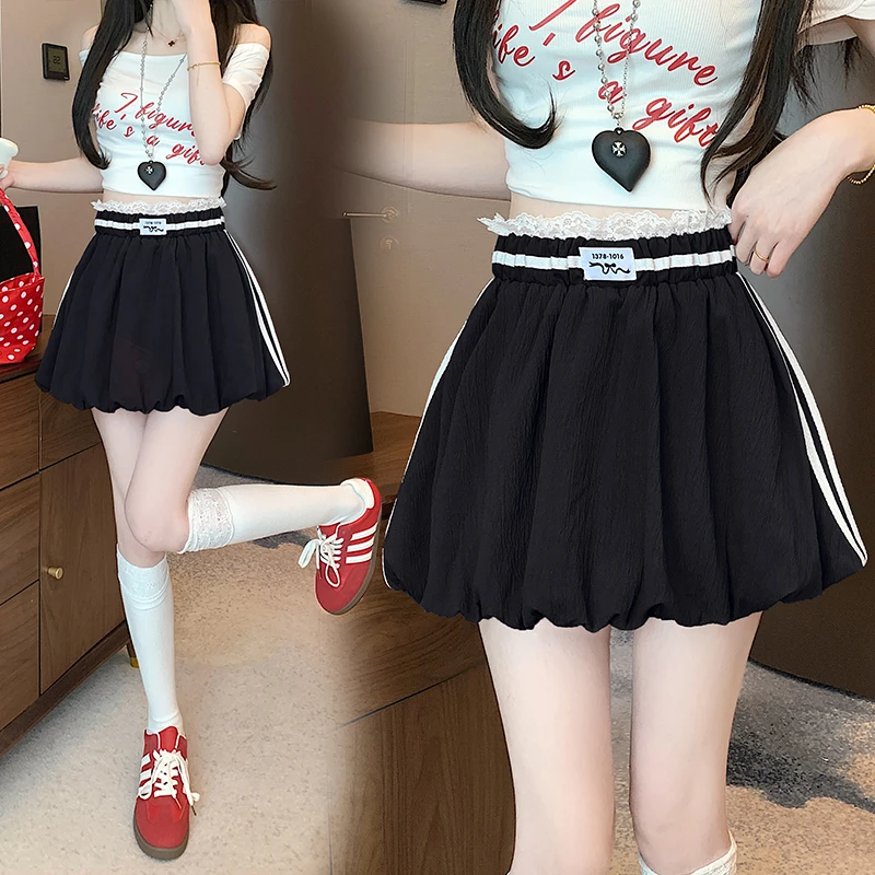 蕾丝边撞色松紧高腰半身裙显瘦夏季新款韩版时尚防走光花苞短裙