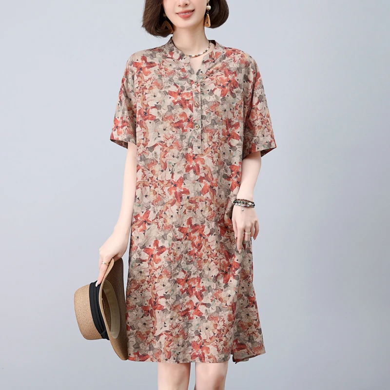 印花连衣裙女夏季2025年新款中年妈妈宽松休闲V领中长款碎花裙子