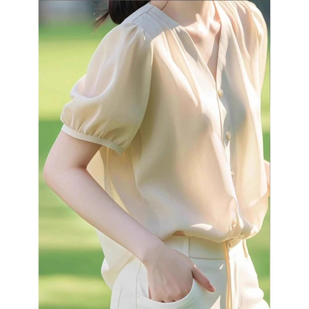 雪纺短袖衬衫女2025新款春季轻奢高级感小众独特别