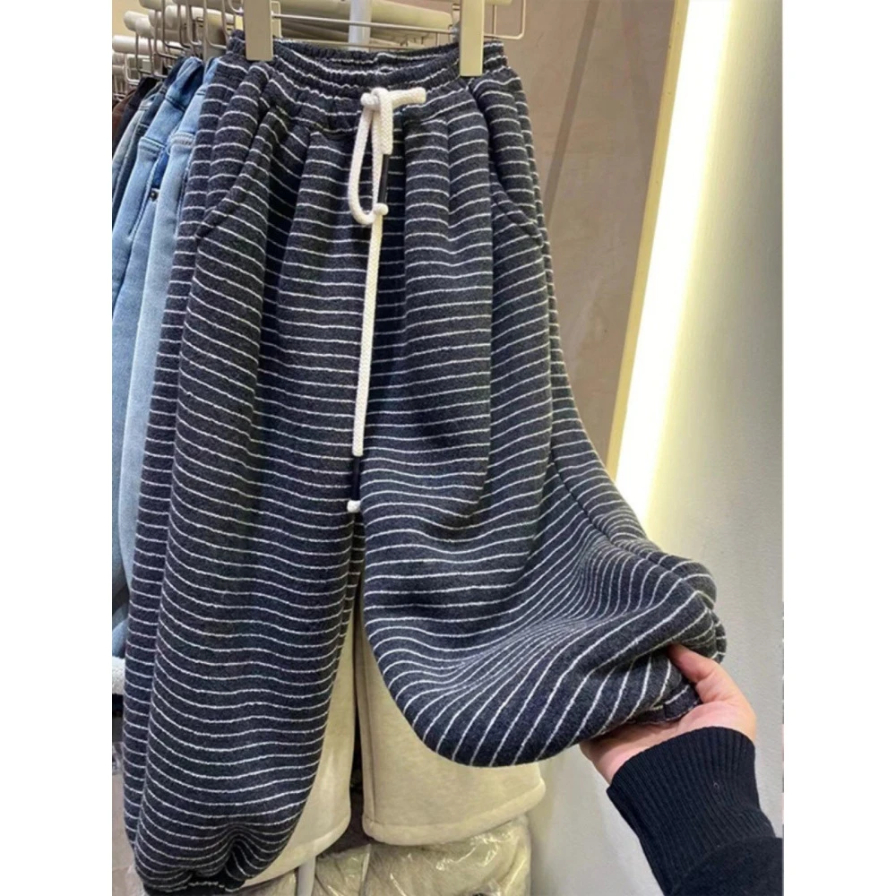 （运补）特大码240 斤冬季暖和厚实条纹抽绳束脚裤加绒加厚休闲裤子
