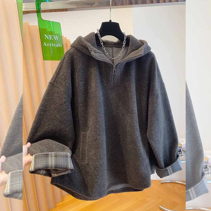 高级感连帽毛呢半拉链卫衣女秋冬新款宽松大版慵懒风保暖显瘦上衣