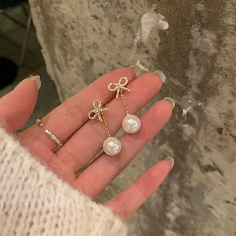 铜合金耳饰 超闪锆石蝴蝶结流苏珠珠耳环轻奢气质高级感精致耳饰