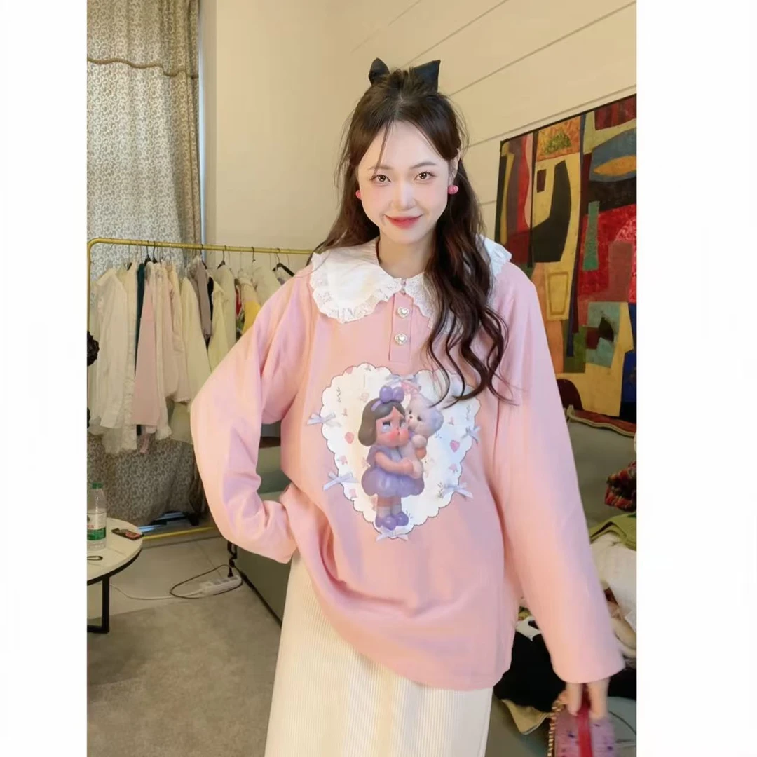 燃冉 秋冬韩版甜美T恤宽松娃娃领T恤上衣设计感百搭上衣