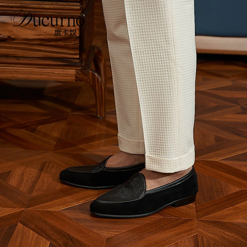 男士高端休闲乐福鞋压纹皮革拼接一脚蹬懒人鞋豆豆鞋小皮鞋单鞋男