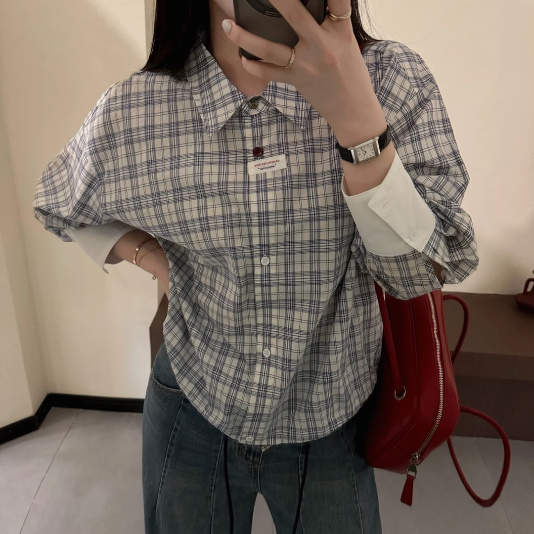 今婷秋季韩系时尚休闲百搭简约翻领拼接格纹长袖衬衫-M25301306