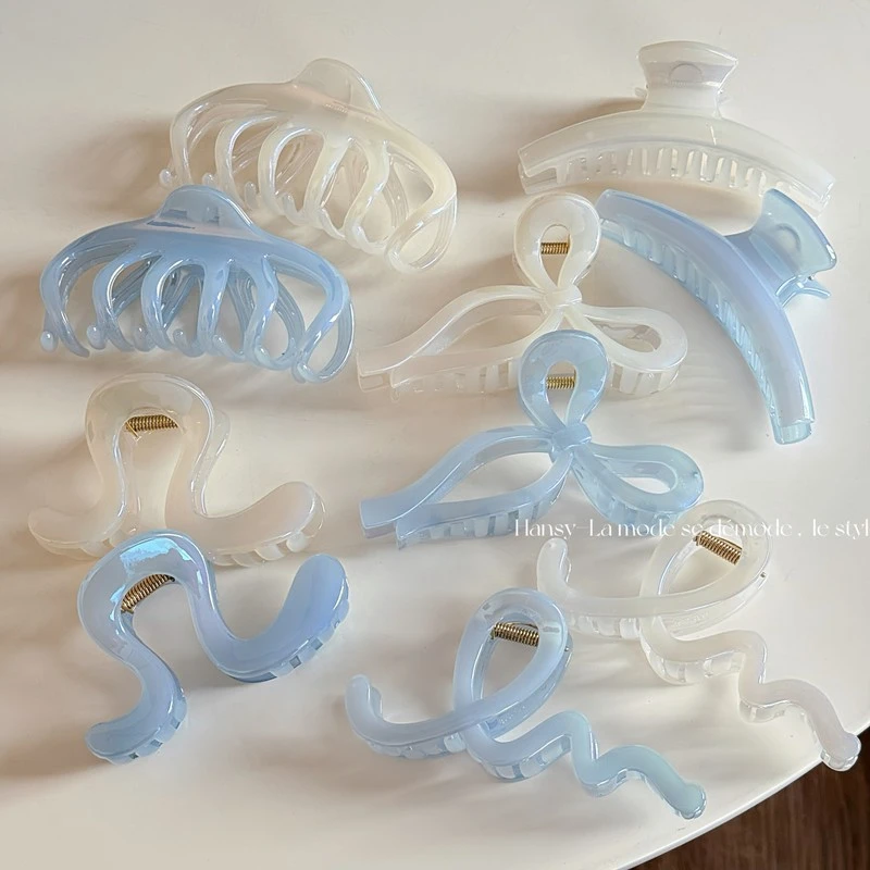 奶白蓝色组亮面纯色发夹质感简约盘发抓夹发饰新款盘发鲨鱼夹