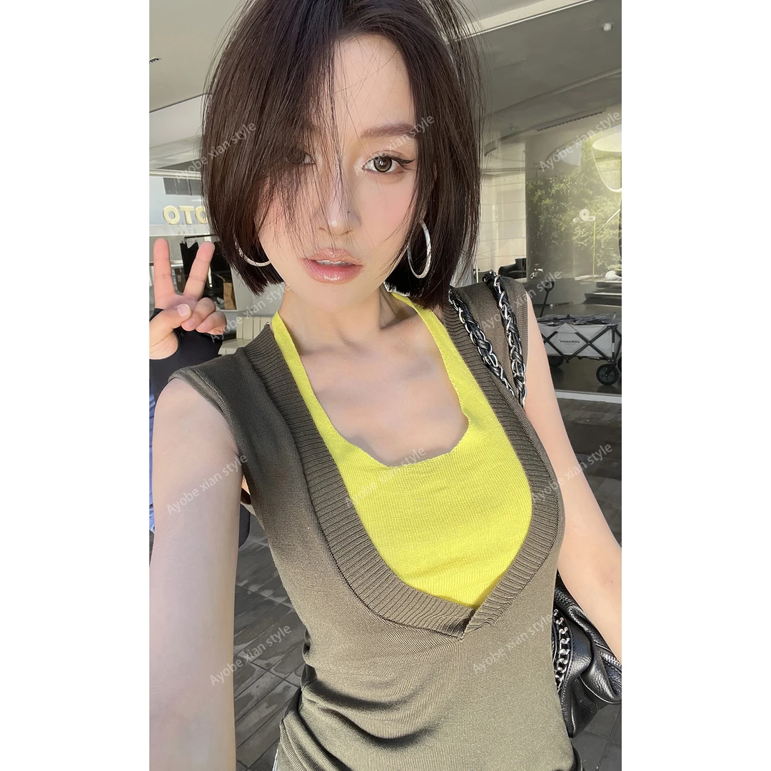 【Ayobe】绿野奇景~莱赛尔美式辣妹复古撞色假两件上衣绑带挂脖背心