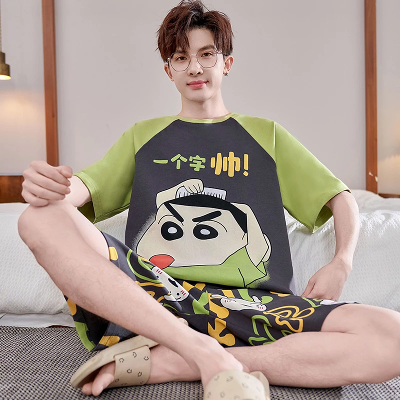 男士睡衣夏季纯棉短袖青少年大码卡通蜡笔小新全棉夏天家居服套装