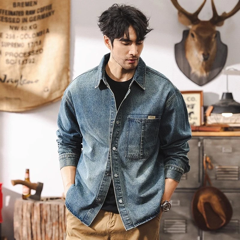 美式复古水洗牛仔衬衫外套秋冬大码男士百搭潮牌宽松休闲衬衣夹克