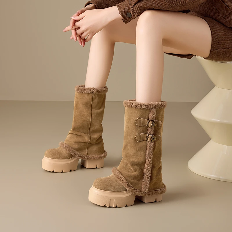 头层牛皮12cm粗跟厚底复古真皮裤管靴加厚保暖雪地靴冬季百搭棉靴