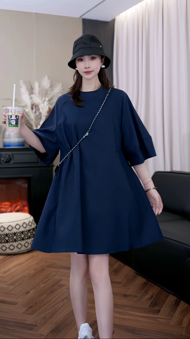 设计师原创【珊瑚】藏蓝色天丝亚麻百搭显瘦连衣裙Z352088