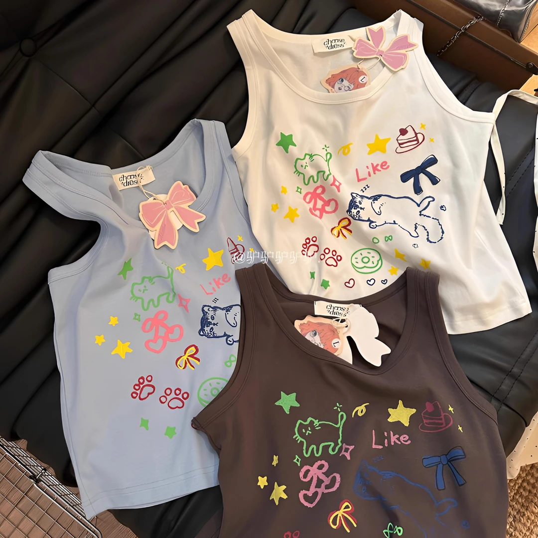 小心机拿捏！手绘猫咪彩色印花女夏新款纯棉百搭无袖辣妹背心上衣