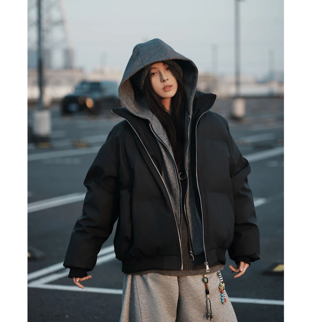 【现货假两件+男女同款】秋冬连帽pu皮棉服夹克百搭加厚双拉链外套
