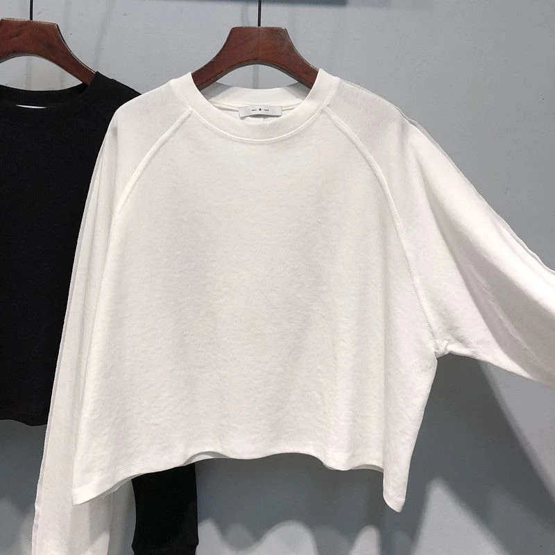 秋新款大码宽松蝙蝠袖显瘦纯色短款长袖T恤女青年简约韩版潮流服