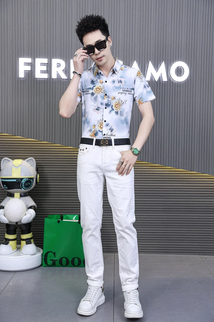 【迪普赛斯】25印花抗皱夏季男士短袖修身型衬衫休闲帅气薄款