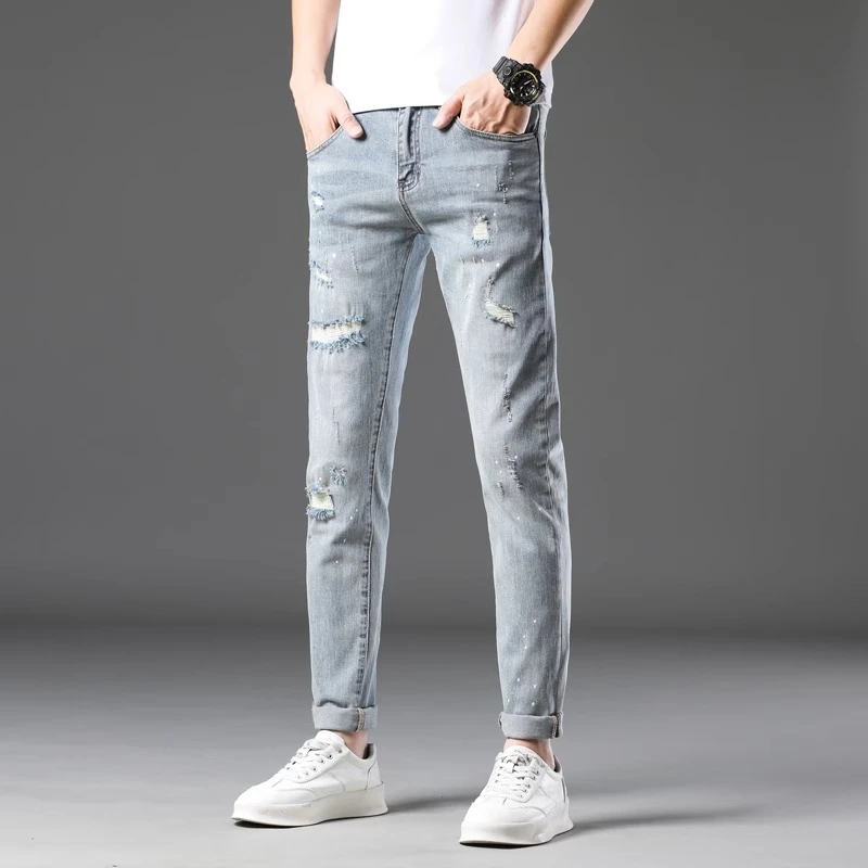 香港高端破洞牛仔裤男士修身小脚潮牌时尚夏季薄款弹力休闲九分裤