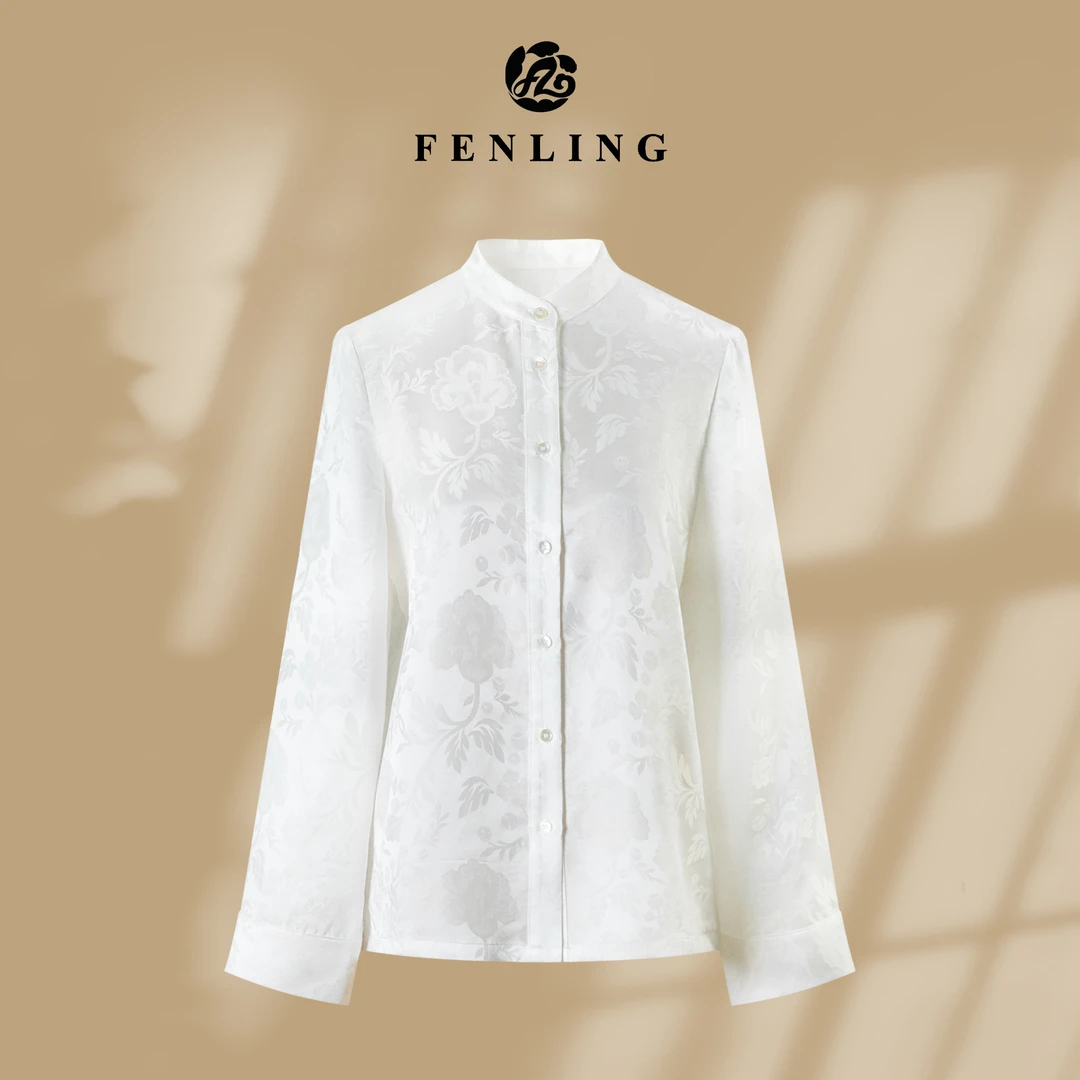 芬领-山栀花-2025春季真丝桑蚕丝织金提花长袖衬衫国风SY1920
