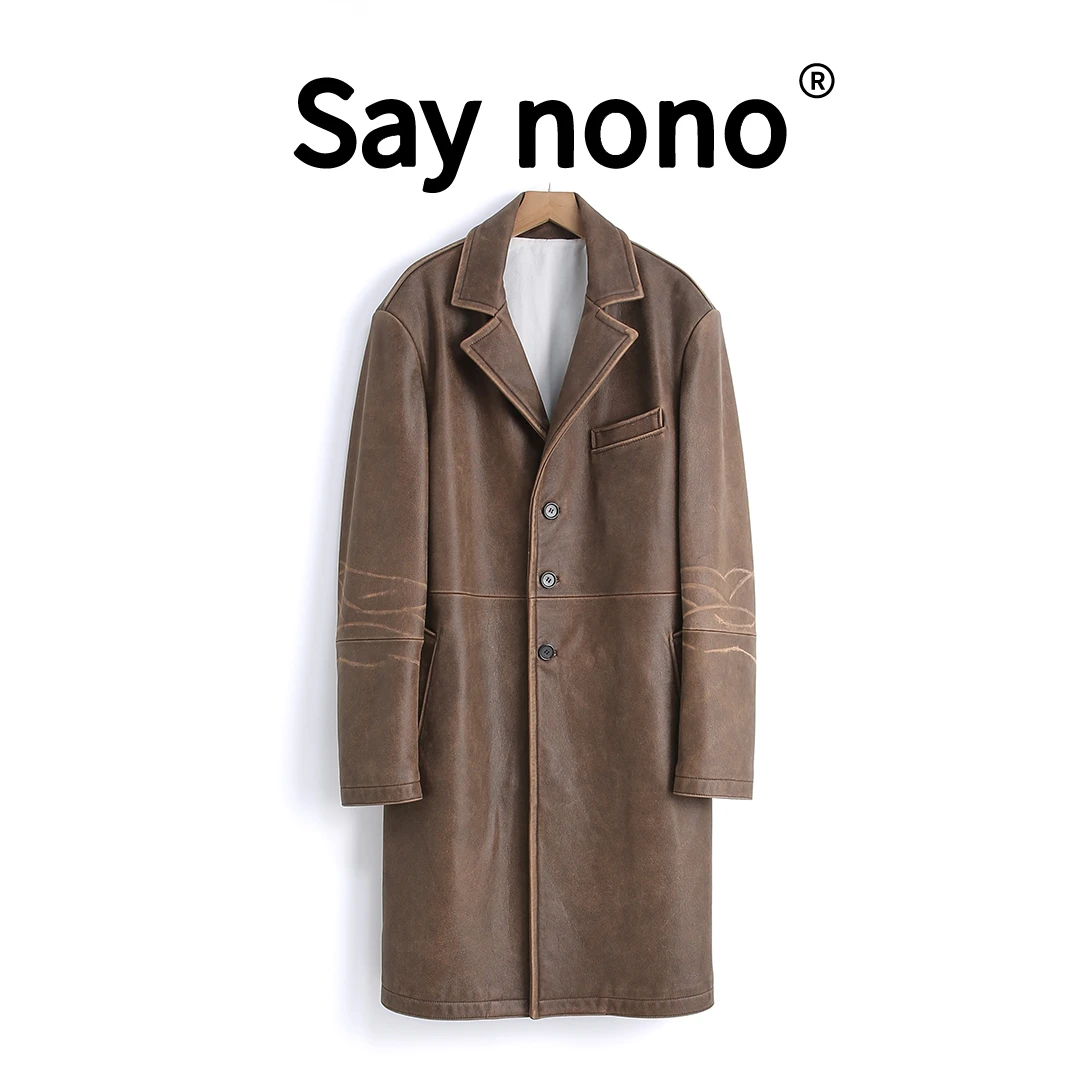懒猫nono│Saynono 复古水洗做旧裂纹牛皮中长款外套女 /WLF/C040