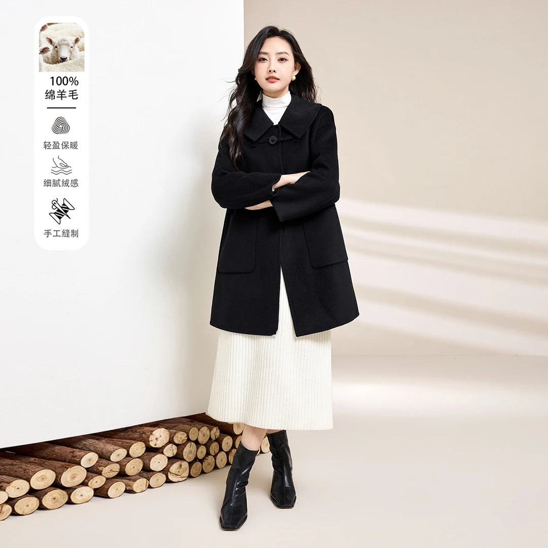 【绵羊毛】秋冬款时尚翻领中长款双面呢大衣毛呢外套女