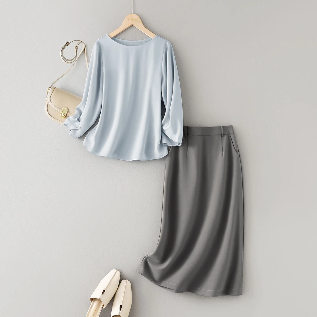 IHIMI【莫兰迪】2025春季气质优雅一字领+极简通勤半身裙两件套套装