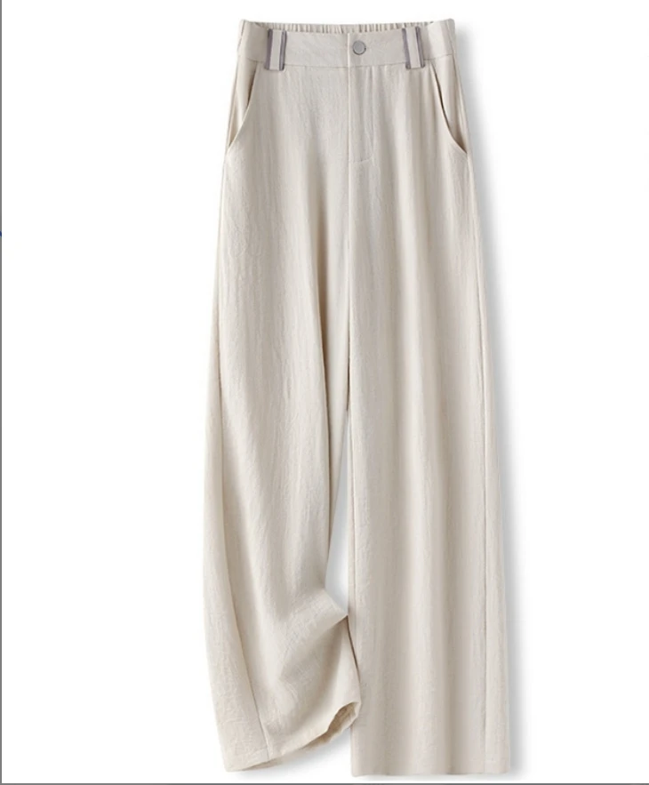 天丝亚麻西装腰直筒裤女裤松紧高腰裤子女宽松阔腿裤显瘦7108