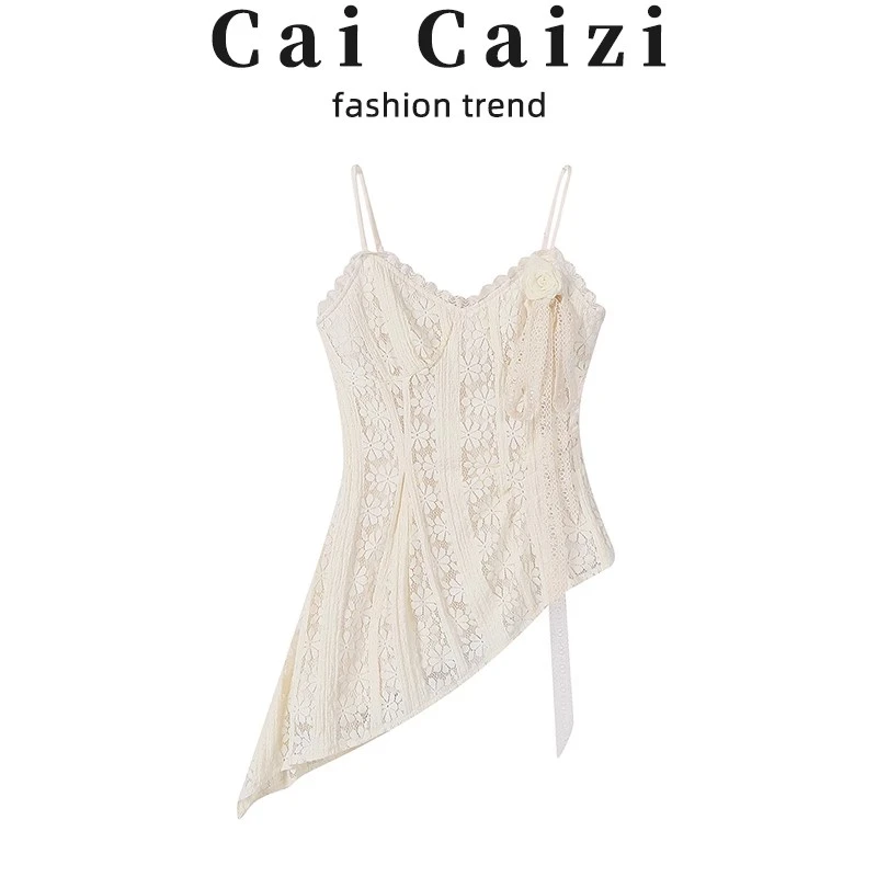 蕾丝吊带背心女夏外穿不规则v领内搭无袖美背法式上衣2025年新款