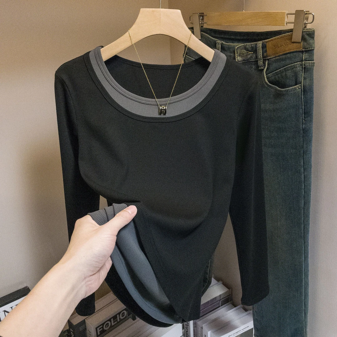 黑色假两件打底衫女春装百搭韩系宽松显瘦外穿纯色打底上衣T恤