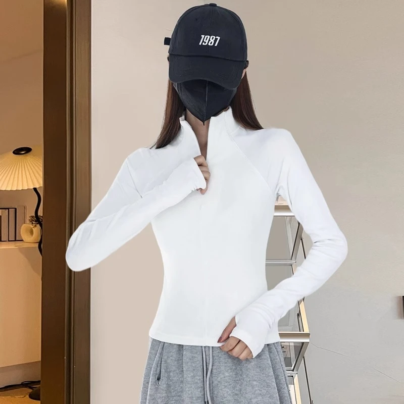 白色半高领鱼骨收腰显瘦打底衫女辣妹设计感短款T恤早春外穿上衣