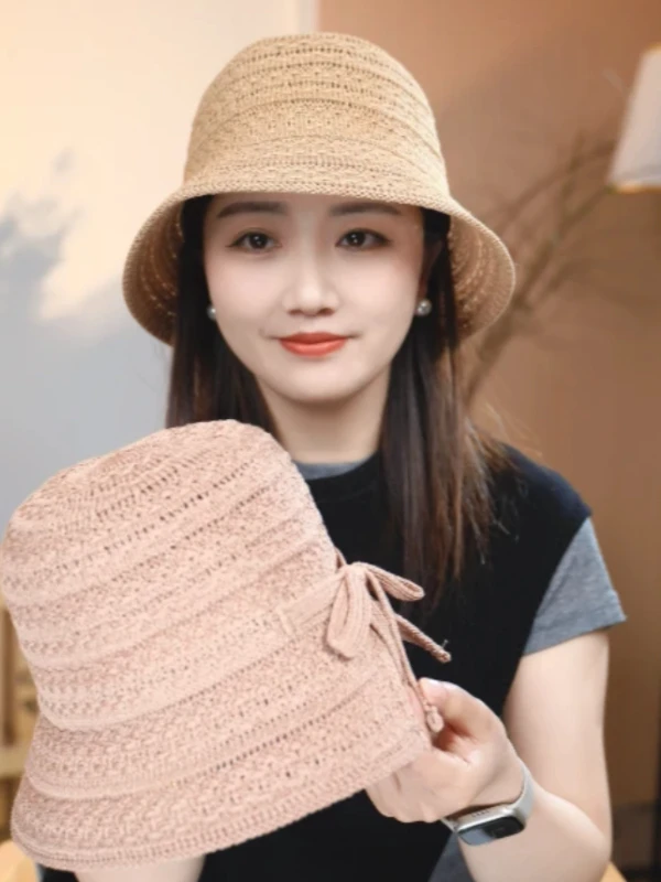 日系纯色开叉针织蝴蝶结渔夫帽子女春夏2025新款时尚透气遮脸盆帽