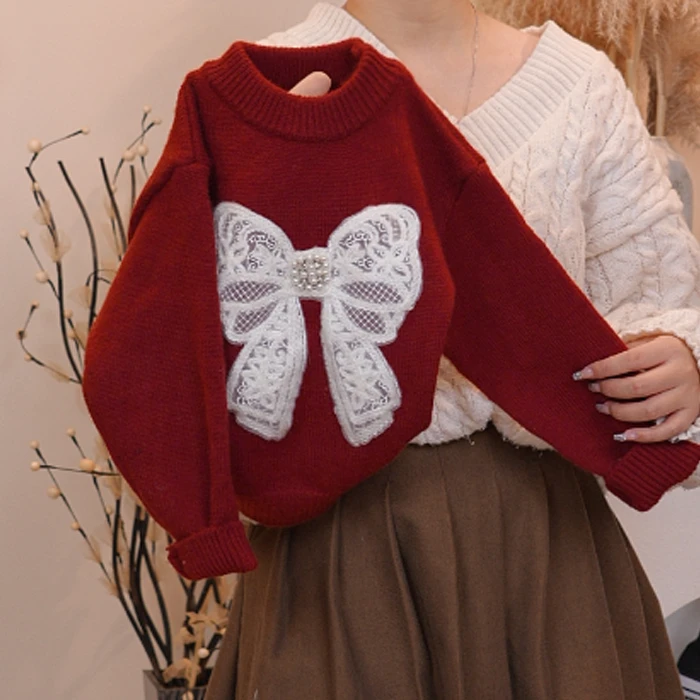 Snoopy/史努比女童毛衣纯色蝴蝶韩版洋气冬款新款洋气儿童针织衫