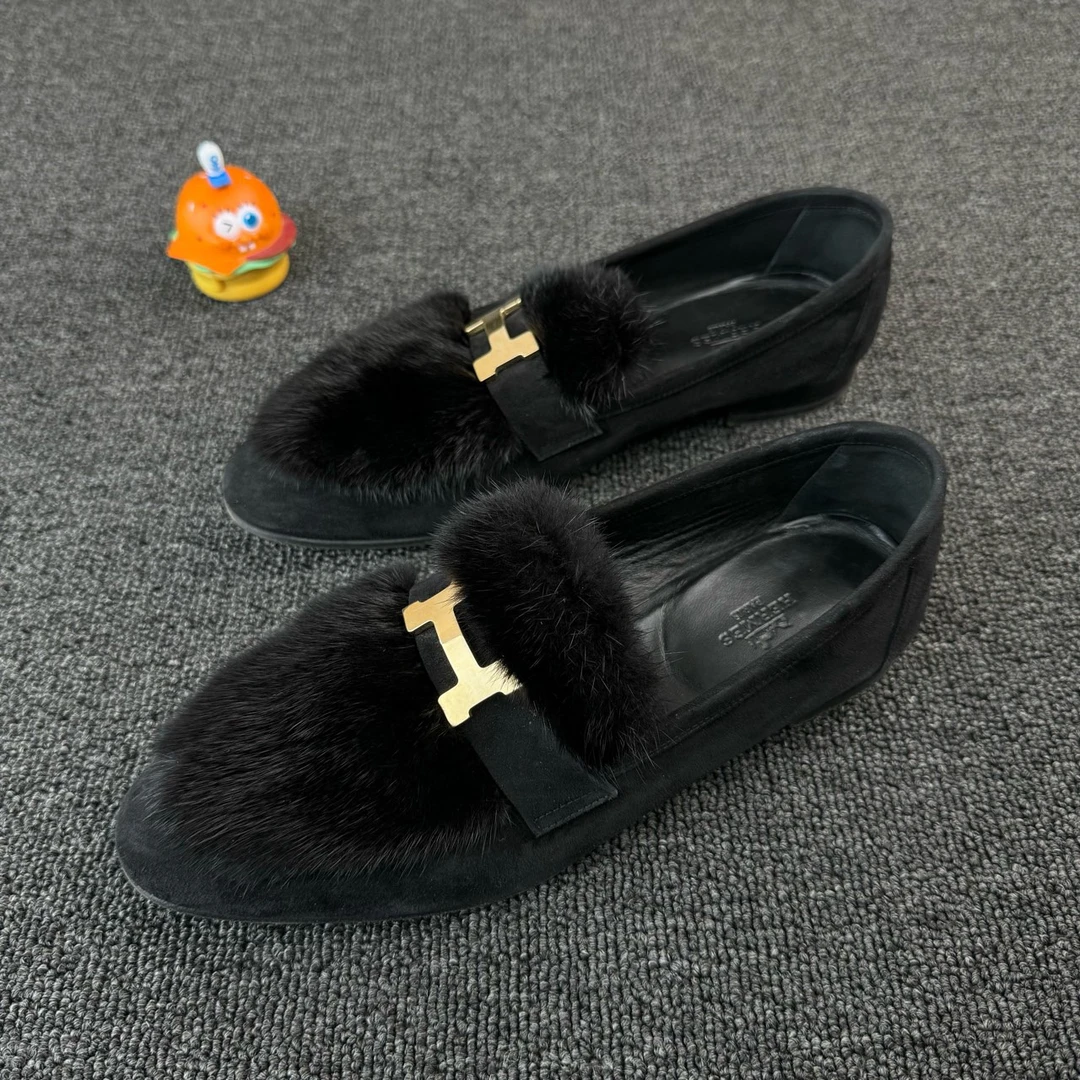 95新 Hermes/爱马仕 水貂乐福鞋 39码 水貂毛设计质感 HB1071