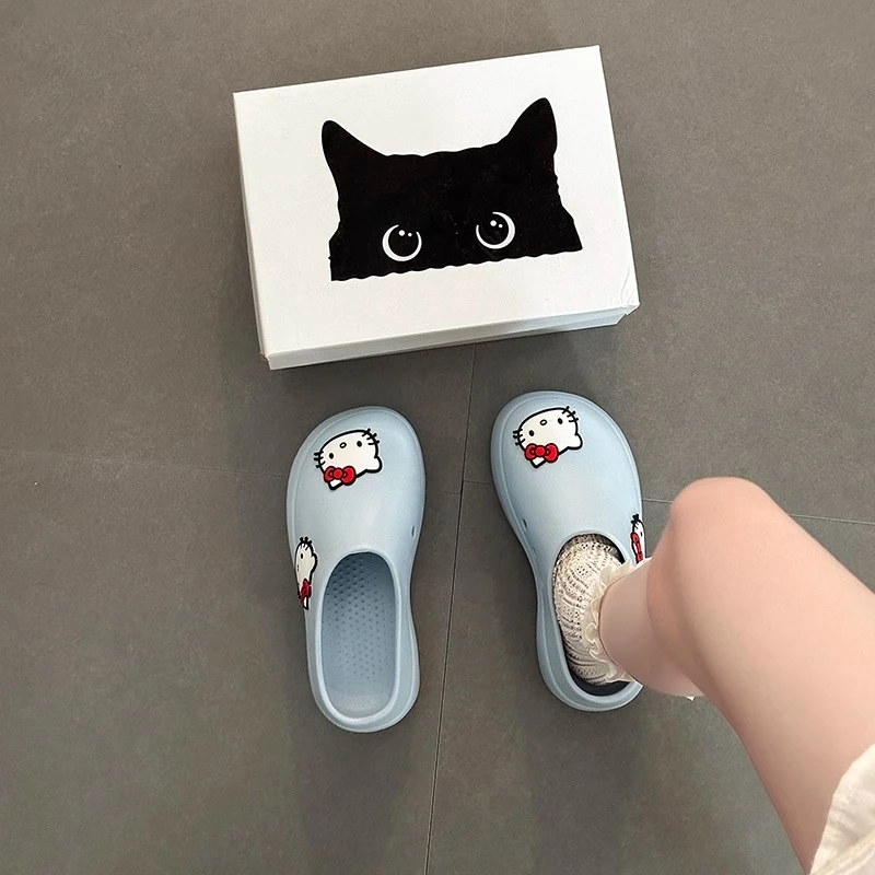 可爱卡通小猫包头半拖鞋女2025春季新款外穿懒人一脚蹬凉拖鞋潮