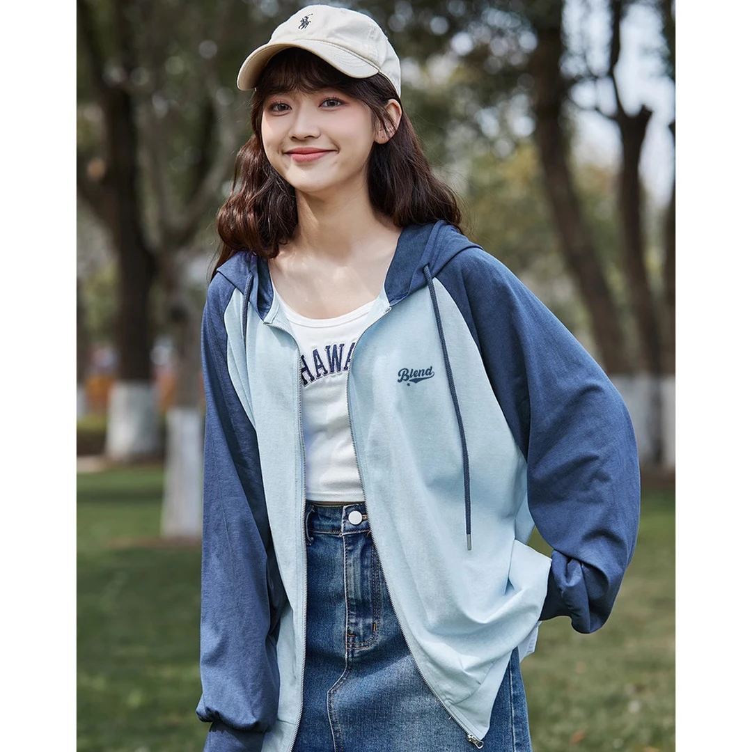 DC642唐狮春夏女针织插肩袖拼接连帽薄外套减龄休闲韩版chic
