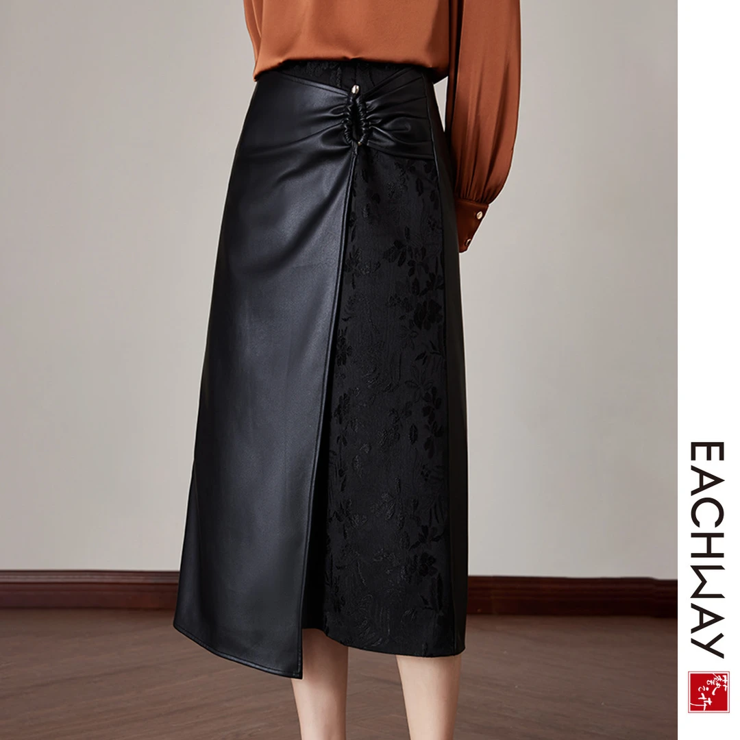 【提花拼接A字皮裙】高腰不规则半身裙女春季高级感中长裙