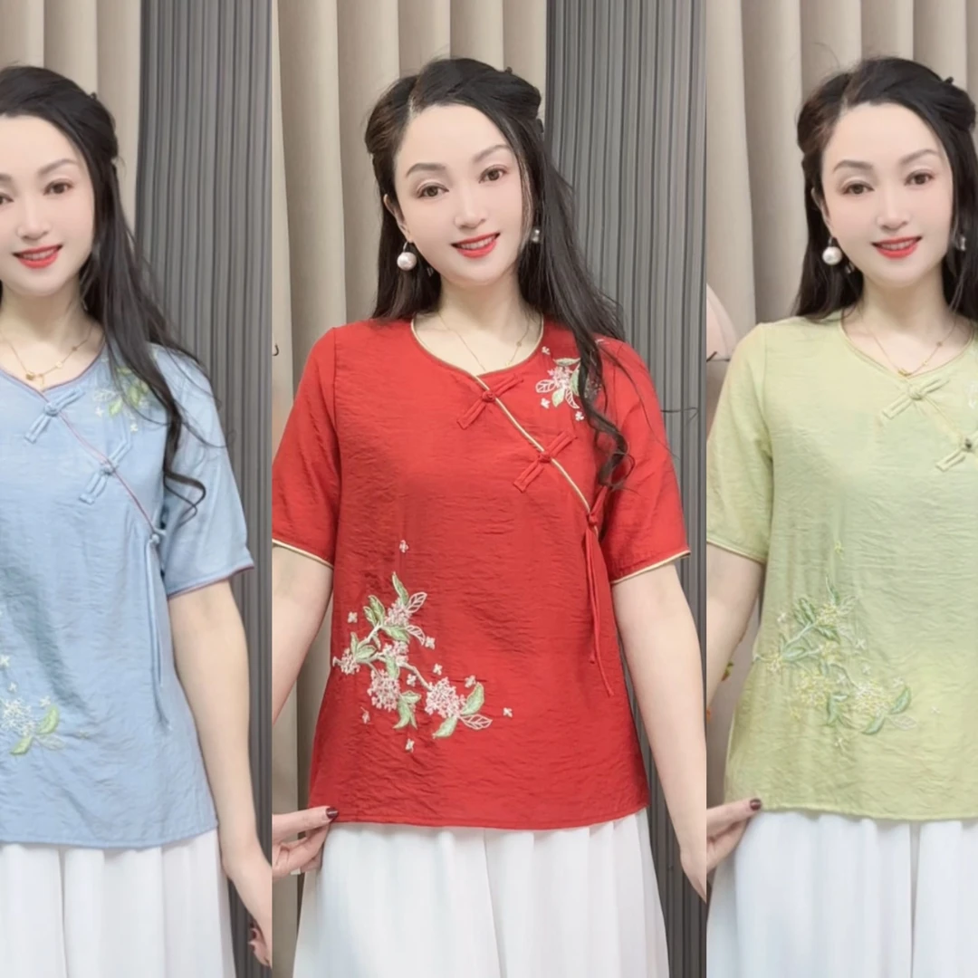 中老年女式复古中式刺绣斜襟盘扣短袖上衣夏季时尚宽松文艺中国风
