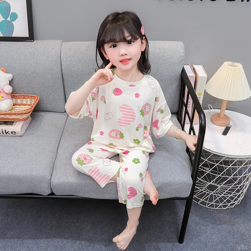 女童莫代尔睡衣夏季冰丝薄款儿童七分空调套装女童宝宝卡通家居服